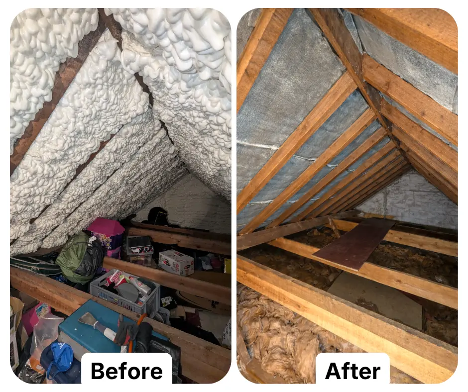 Before and after Spray Foam Removal Experts removing open cell spray foam insulation from roof felt in a loft.