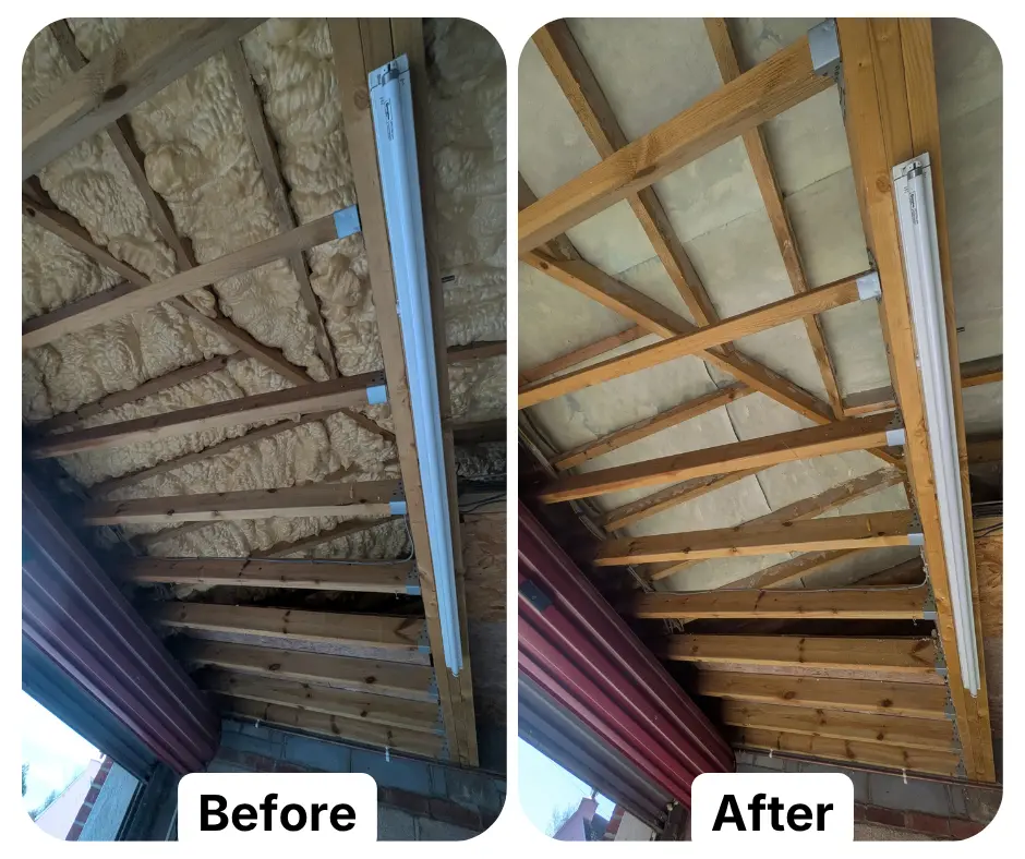 Before and after Spray Foam Removal Experts removing open cell spray foam  from a modern roof membrane in a property.