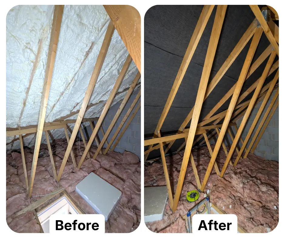 Before and after Spray Foam Removal Experts extracting open cell spray foam from a temporary roof membrane.