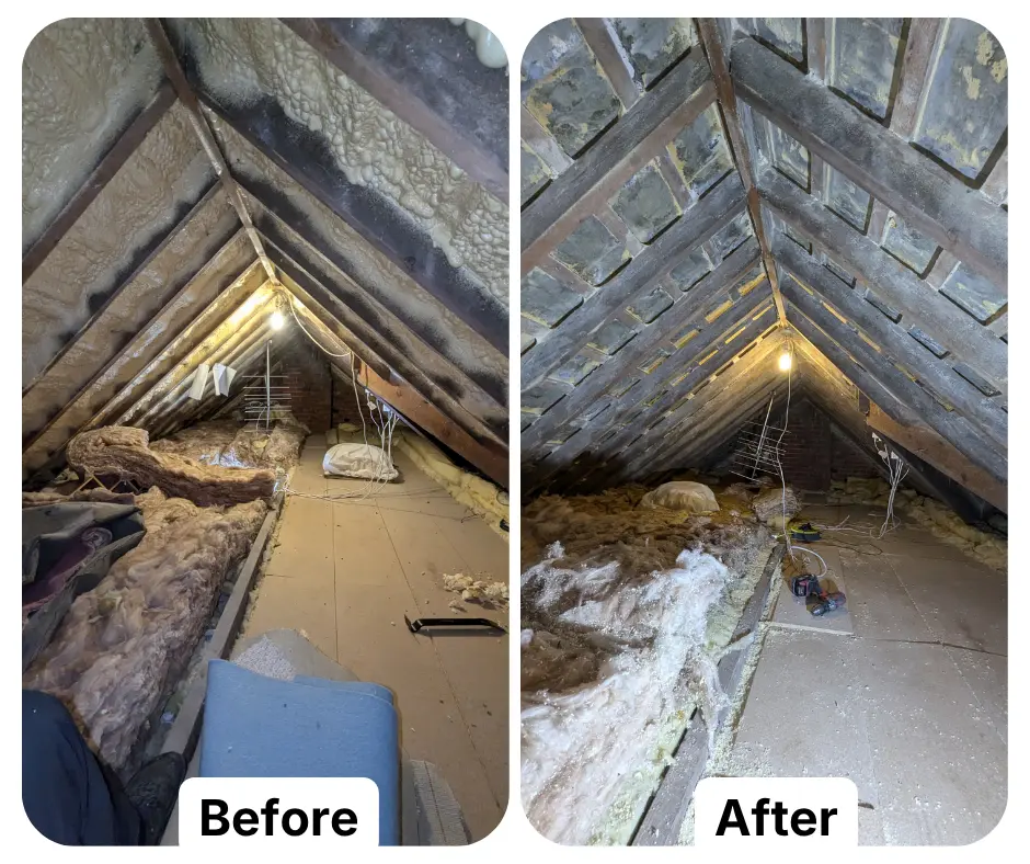 Before and after Spray Foam Removal Experts removing closed cell spray foam from slate tiles in a home.